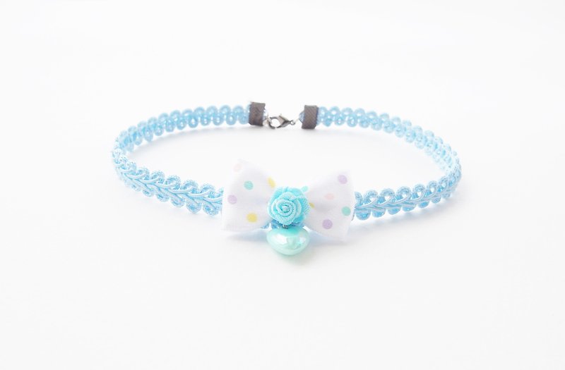 Blue lace choker / necklace with polka dot bow and blue heart. - 项链 - 其他材质 蓝色