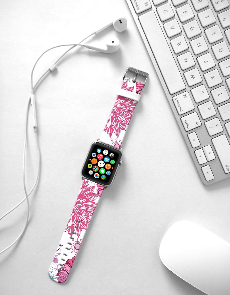Apple Watch Series 1  , Series 2, Series 3 - Apple Watch 真皮手表带，适用于Apple Watch 及 Apple Watch Sport - Freshion 香港原创设计师品牌 - 粉红花样图案 cr15 - 表带 - 真皮 