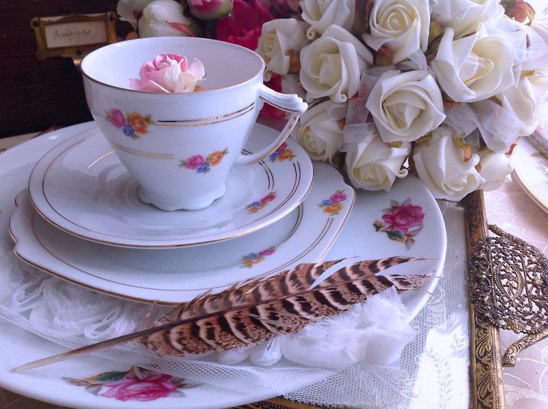 杰克骨瓷1920年 Art deco 几何图形设计镶金边玫瑰花茶杯两件组 - 茶具/茶杯 - 瓷 多色