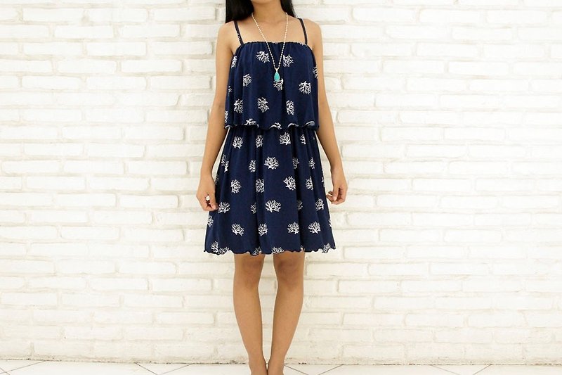 サンゴがたくさん♪コーラルプリントフリルキャミソールショートドレス＜ネイビー＞ - 洋装/连衣裙 - 其他材质 蓝色