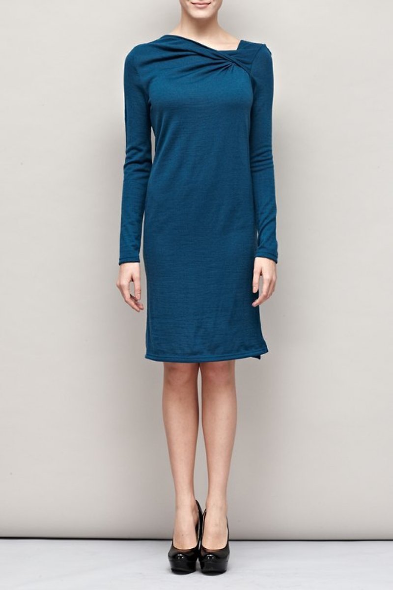 领口抓褶针织洋装 Neckline Ruched Sweater Dress - 洋装/连衣裙 - 羊毛 蓝色