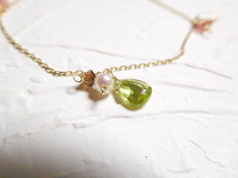 水滴型天然橄榄石珍珠纯14K金手链 - 手链/手环 - 纸 绿色