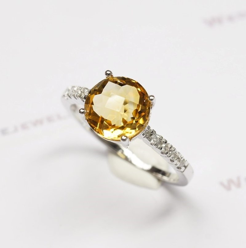 18K白金 方形切割面圆形黄水晶配钻石介指 / 生日石   (包邮) - 戒指 - 宝石 橘色