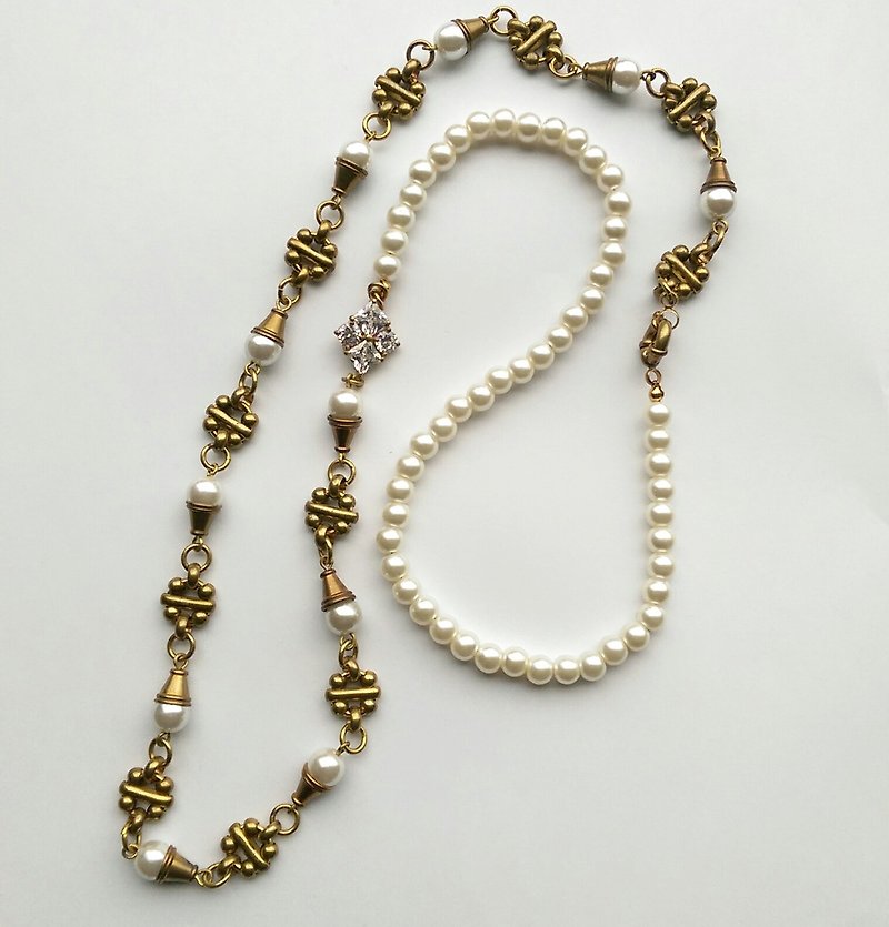 黄铜贝珠锆石长链 - 项链 - 宝石 