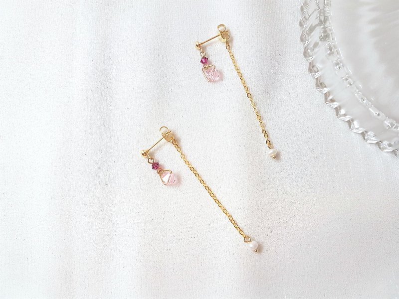 森林芬多精 · 水晶 珍珠 耳环 (粉) - 耳环/耳夹 - 水晶 粉红色