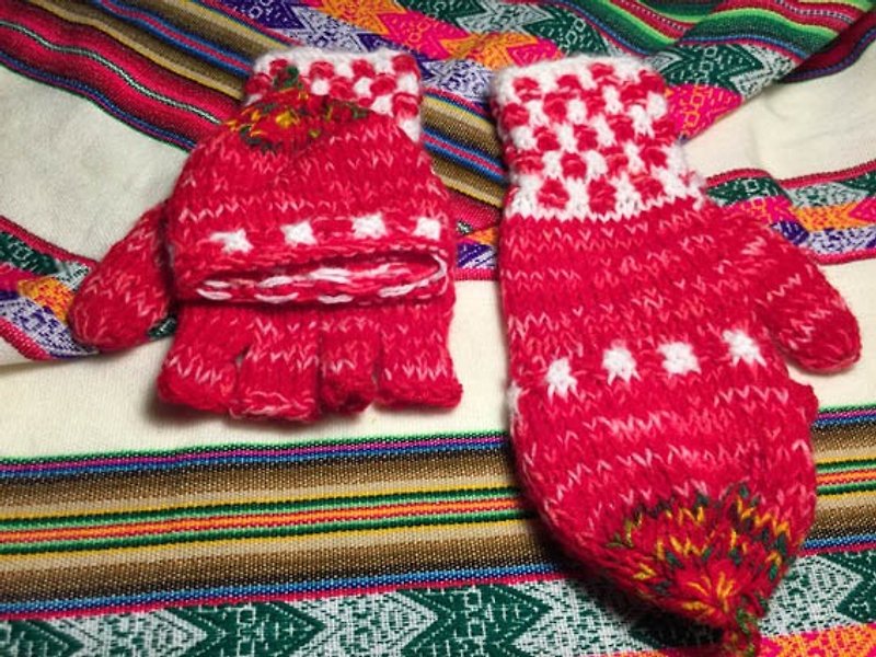 祕鲁手工毛料盖子手套-红 - 手套 - 其他材质 红色
