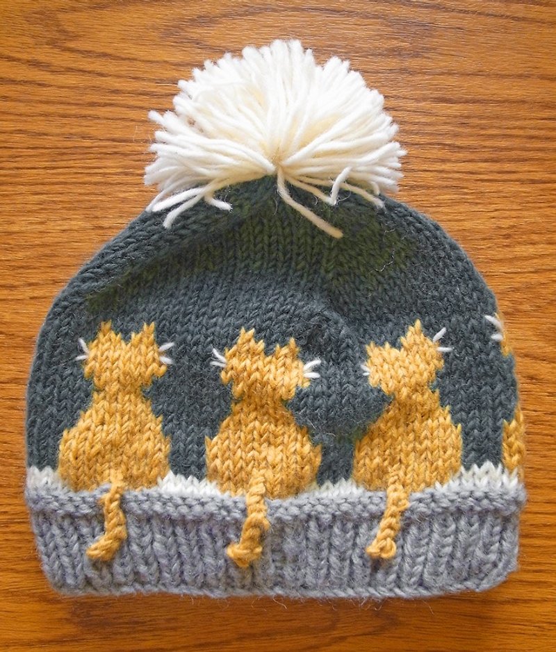 羊毛 手工编织 毛帽 毛线帽 猫咪 灰蓝 - 帽子 - 羊毛 灰色