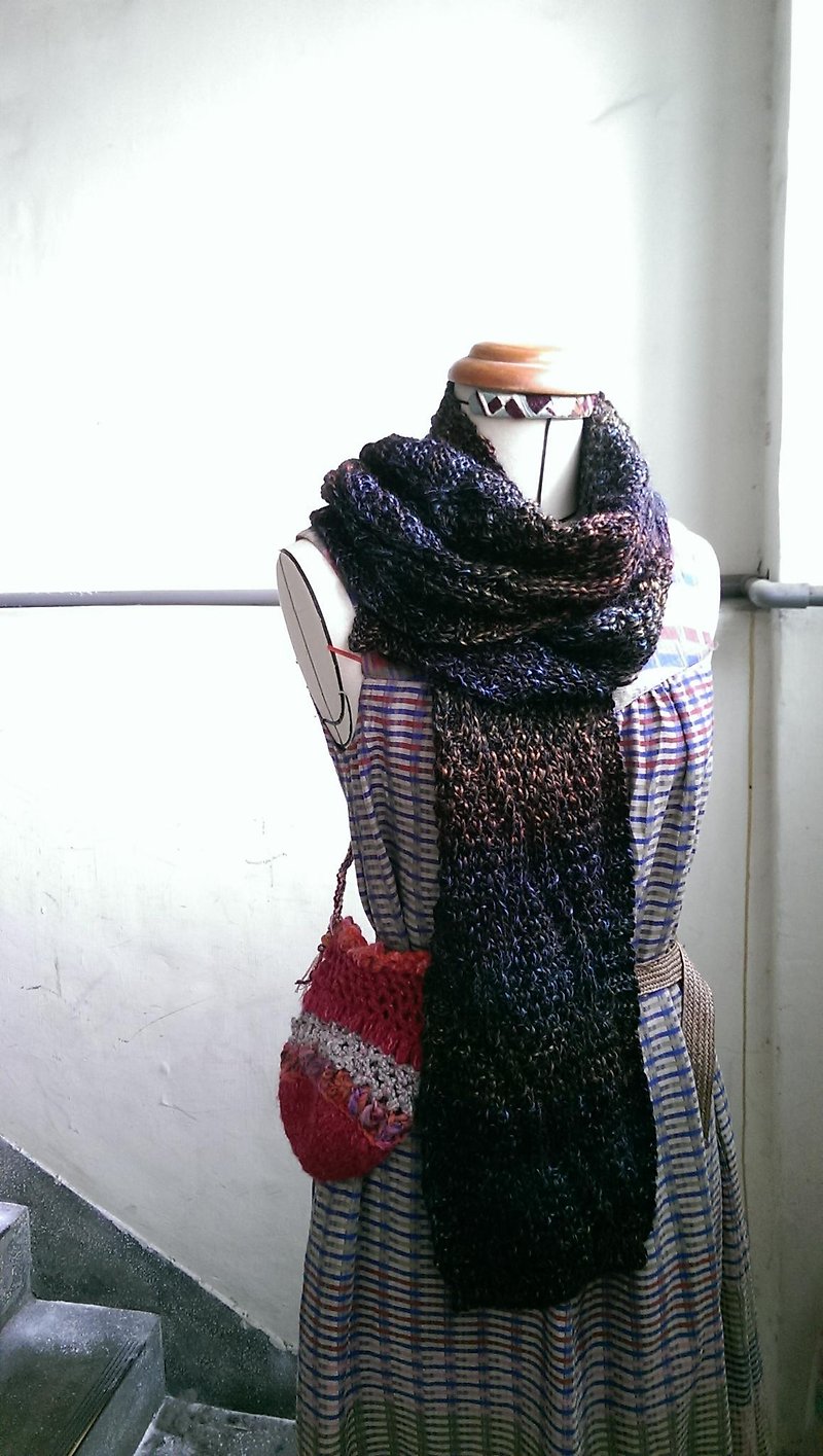 Lan毛线围巾(黑蓝橘褐渐层) - 围巾/披肩 - 其他材质 黑色