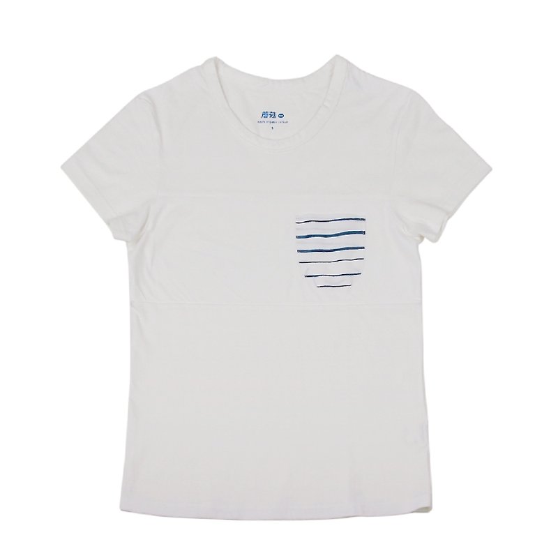 蘑菇mogu / T恤 / 蓝条纹口袋T / 空白 - 女装 T 恤 - 棉．麻 白色