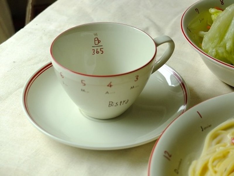日本IZAWA BISTRO 巴黎小餐馆 杯与托盘组/cup&saucer 红线条 - 茶具/茶杯 - 瓷 白色