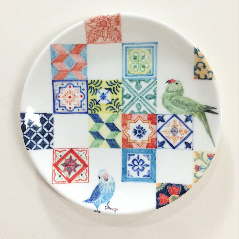花砖拼图与鹦鹉 - 手绘鹦鹉6寸蛋糕盘 - 浅碟/小碟子 - 瓷 多色