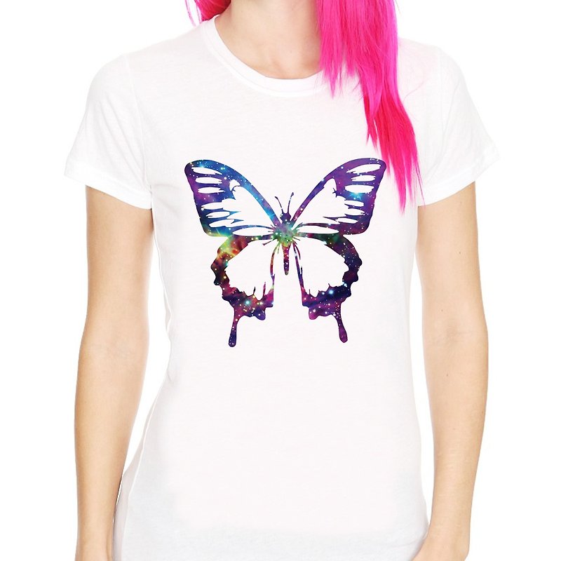 Cosmic Butterfly女生短袖T恤-白色 蝴蝶 银河系 昆虫 自然 动物 环保 文青 艺术 设计 时髦 时尚 简单 简约 - 女装 T 恤 - 其他材质 白色