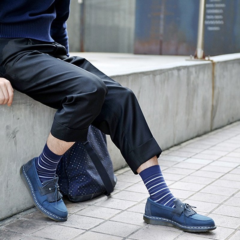 有机棉袜 - 条纹系列 Cassava 深蓝灰条纹 中长袜 (男/女) - 袜子 - 棉．麻 蓝色