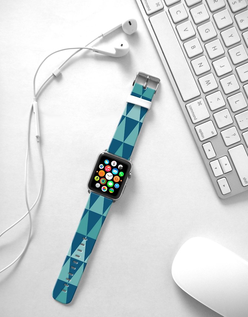Apple Watch 真皮手表带, 香港原创设计师品牌 - 湖水蓝几何图案 - 表带 - 真皮 