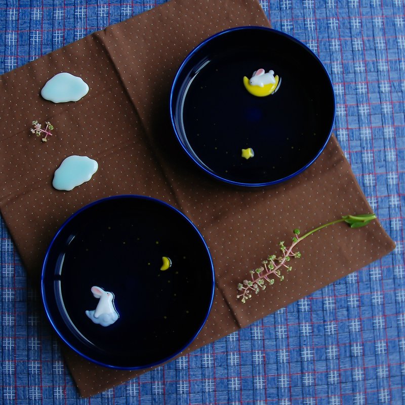 三浅陶社 原创设计 兔子与月亮（云兔和月兔  一对） 小皿 餐盘点心盘 创意礼物 - 浅碟/小碟子 - 瓷 