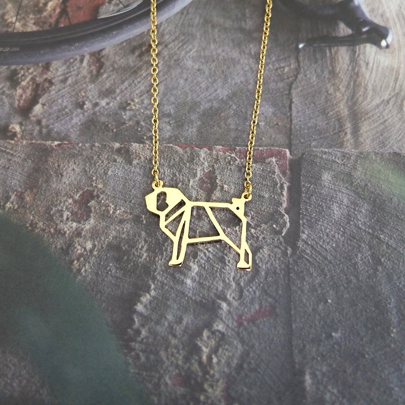 Pug Necklace Gift for Dog Lover, Origami Jewelry, Gold Plated Brass - 项链 - 铜/黄铜 金色