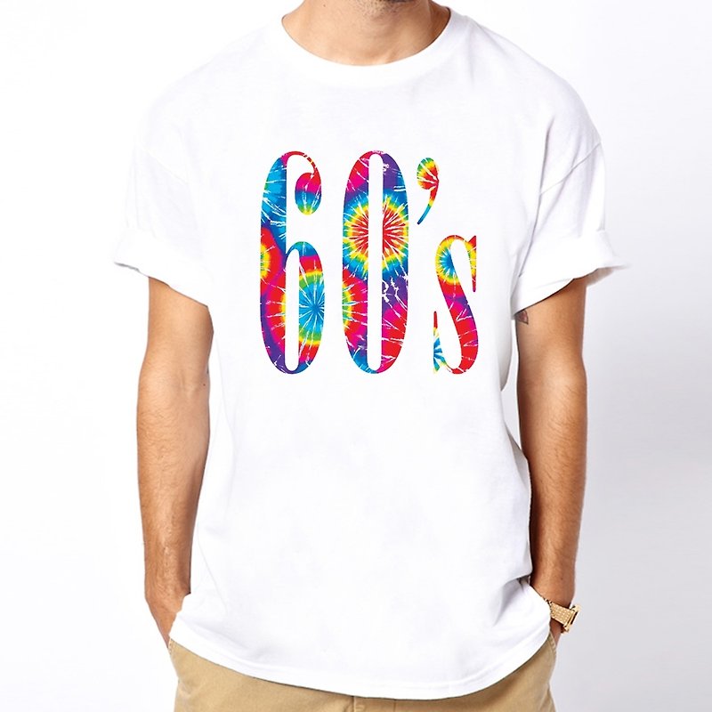 60s-Tie Dye短袖T恤-白色60年代手染渲民族嬉皮设计woodstock摇滚 - 男装上衣/T 恤 - 棉．麻 白色