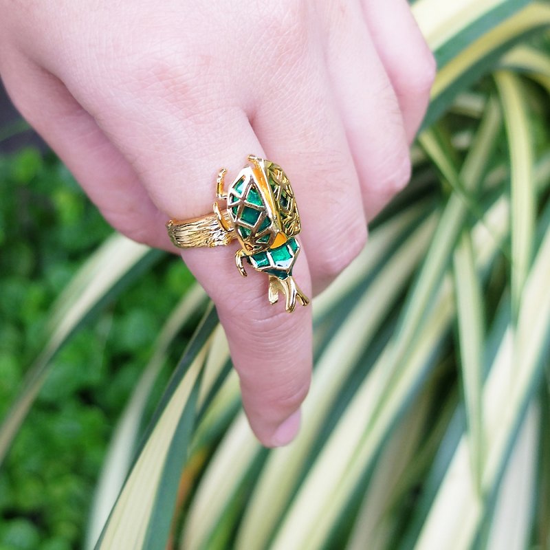 犀牛甲虫黄铜戒指 - 绿色 - 戒指 - 其他金属 绿色