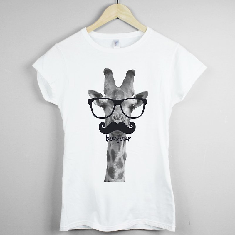 Giraffe-bonjour女生短袖T恤-2色 长颈鹿 法国 眼镜 胡须 动物 - 女装 T 恤 - 棉．麻 白色