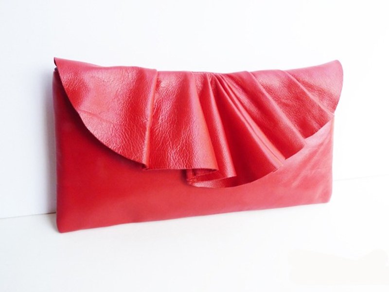 Leather Pleated Clutch Bag(S-size) in Red by Vicki From Europe - 其他 - 真皮 红色