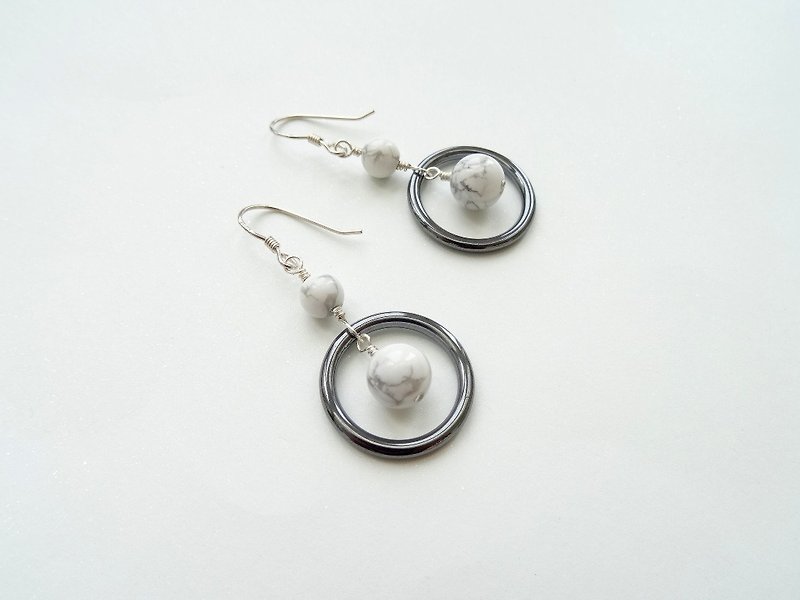 天然黑胆石 白纹石 圆形拼接 纯银耳环 - 耳环/耳夹 - 纯银 灰色