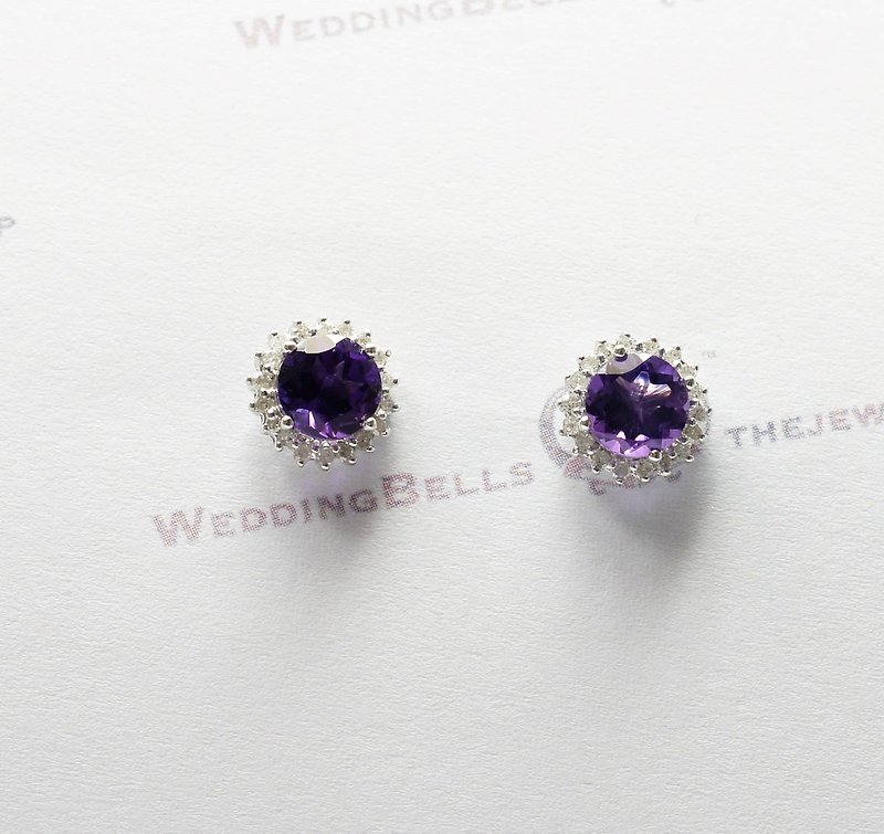 14K白金 圆形紫水晶 配钻石耳环 / 耳针款 / 二月生日石 (包邮) - 耳环/耳夹 - 纸 紫色