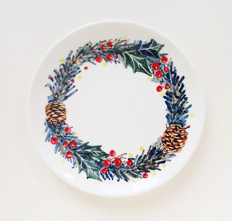 手绘7寸蛋糕盘 餐盘-圣诞花圈 松果 - 浅碟/小碟子 - 瓷 绿色