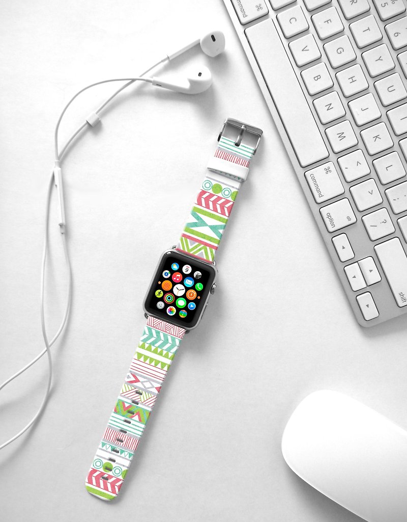 Apple Watch Series 1 , Series 2, Series 3 - Apple Watch 真皮手表带，适用于Apple Watch 及 Apple Watch Sport - Freshion 香港原创设计师品牌 - 薄荷绿部落图纹  15 - 表带 - 真皮 