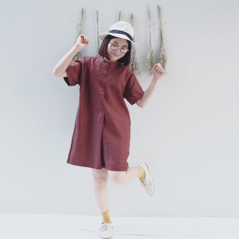 Adam & Eve Dress : Linen Jam-Red Color - 洋装/连衣裙 - 棉．麻 红色