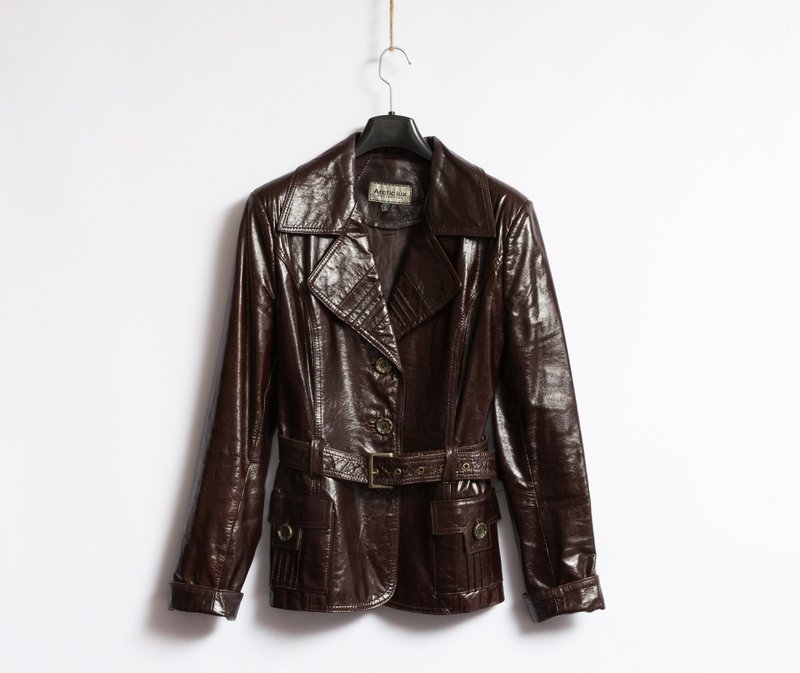 Leather Moto Jacket Women Vintage 80s Bomber Biker Jacket edgy Brown - 女装休闲/机能外套 - 真皮 红色