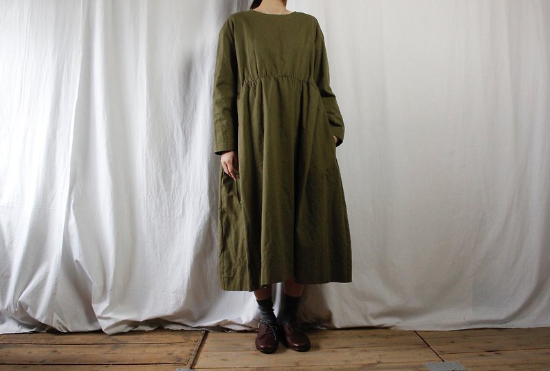 タンブラーコットン ギャザーワンピース/olive - 洋装/连衣裙 - 棉．麻 绿色