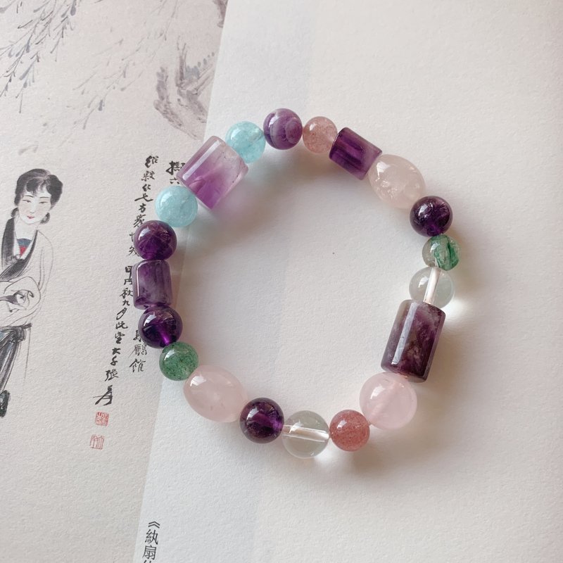 售完供欣赏 书写青瓦墙 / 海蓝宝紫水晶粉水晶绿红草莓晶白粉手链 - 手链/手环 - 水晶 多色