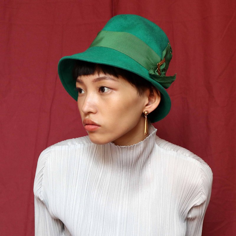 南瓜Vintage。1950's 古董 手工 绿色 金扣 缎带 帽子 - 帽子 - 其他材质 绿色