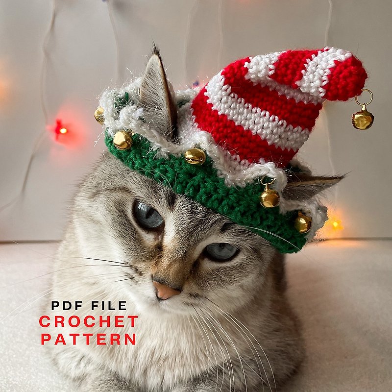 Cat hat, crochet pattern, Elf Santa hat, hat for cat small dog, crochet cat hat - 编织/刺绣/羊毛毡/裁缝 - 其他材质 