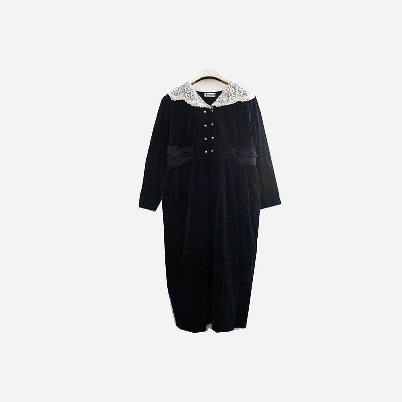脱臼古着 / 黑绒面蕾丝领洋装 no.939 vintage - 洋装/连衣裙 - 其他材质 黑色