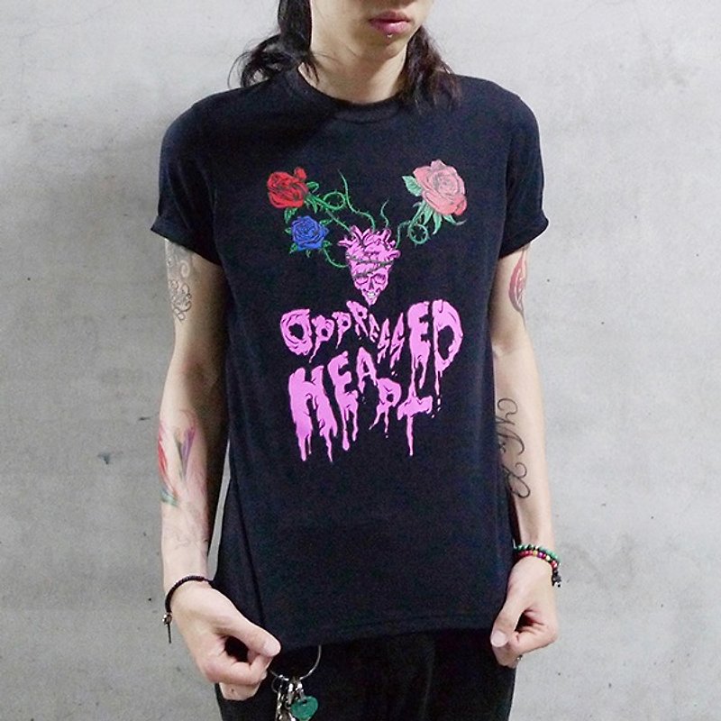 OPPRESSED HEART TEE 玫瑰荆棘骷髅心脏T恤 (黑) - 男装上衣/T 恤 - 棉．麻 黑色