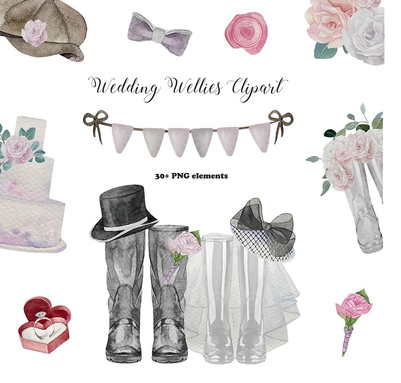 Watercolor wedding wellies clipart. Rain boots for personalised print - 插画/绘画/写字 - 其他材质 多色