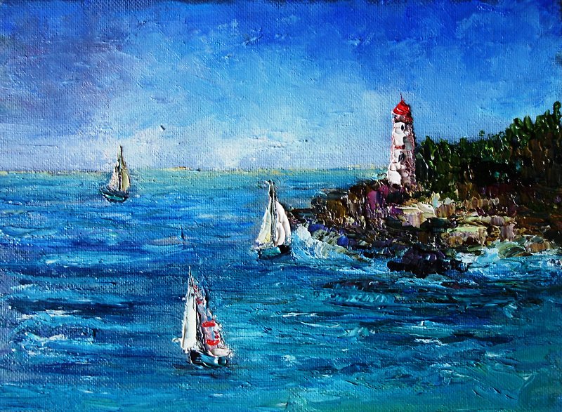 Sailboat Painting Oil Seascape Original Art 油畫原作 Beach Artwork Canvas Art - 海报/装饰画/版画 - 颜料 多色