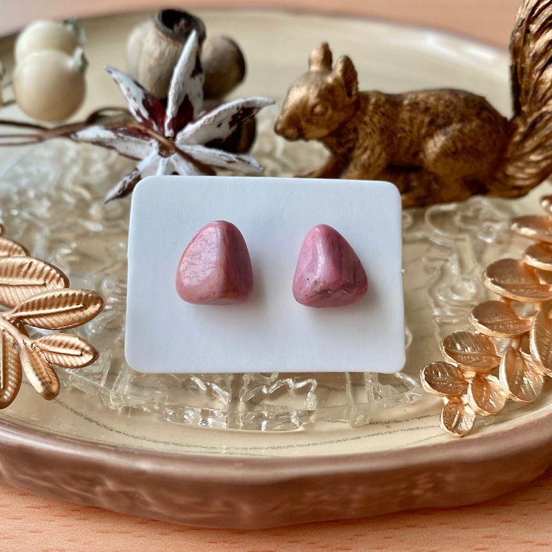 石光-天然矿石耳环-蔷薇辉石/玫瑰石02 - 耳环/耳夹 - 半宝石 粉红色