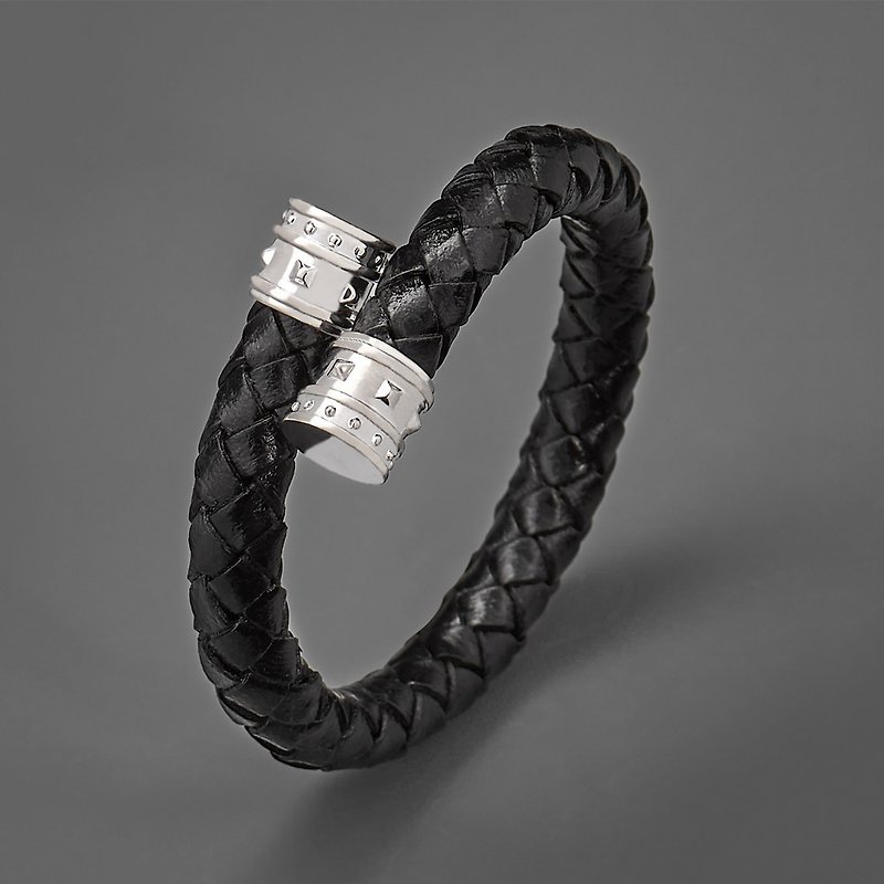 铆钉编织皮绳C型手环 - 手链/手环 - 真皮 银色