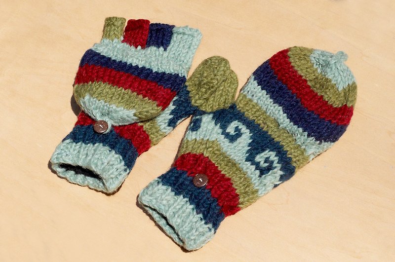 圣诞礼物 创意礼物 限量手工手织纯羊毛针织手套 / 可拆卸手套 / 保暖手套(made in nepal) - 清新森林童趣色 - 手套 - 羊毛 多色
