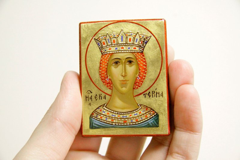 hand painted orthodox wood icon Saint Holy Martyr Katerina Religious pocket size - 其他 - 木头 红色