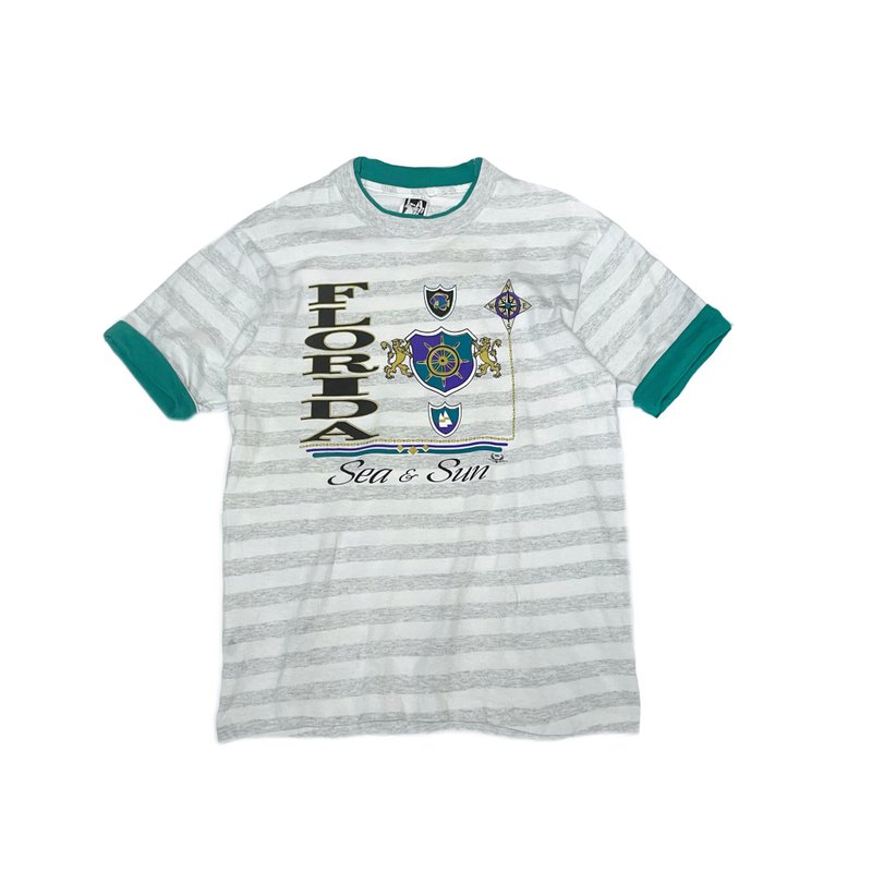 90s 古着两色拼接条纹雪花FloridaT-shirt - 男装上衣/T 恤 - 棉．麻 多色