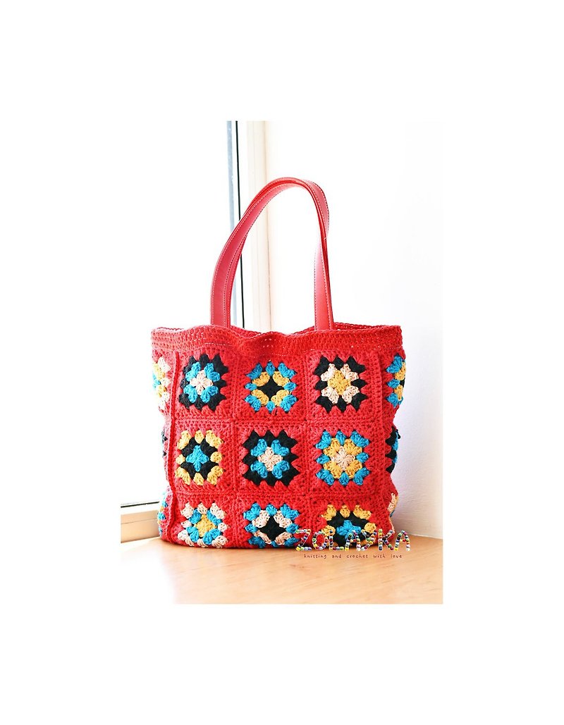 Red Crochet Tote Bag, Granny Squares Bag, Vintage Style Hippie Purse - 手提包/手提袋 - 棉．麻 红色