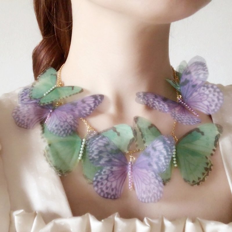 フェアリーバタフライネックレス Harajuku kawaii tokyo girly vintage silk butterfly necklace - 项链 - 丝．绢 绿色