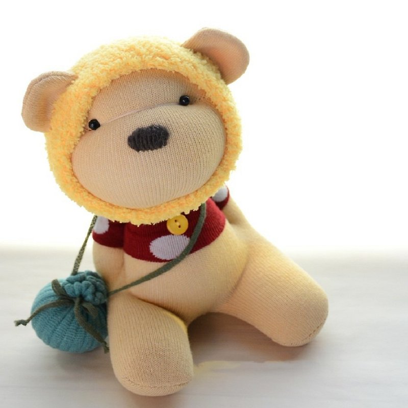 全手缝自然风袜子娃娃~黄帽暗红T蜂蜜熊+仿蜂蜜罐 - 玩偶/公仔 - 棉．麻 黄色