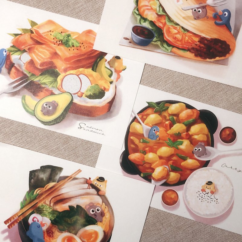 食物系列 明信片 墨西哥塔可饼 日式拉面 鲑鱼三明治 印度咖喱 - 卡片/明信片 - 纸 咖啡色