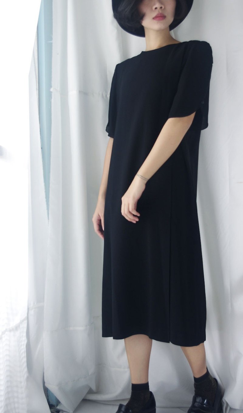 4.5studio-寻宝古着-黑色雪纺郁金香两片袖洋装 - 洋装/连衣裙 - 聚酯纤维 黑色