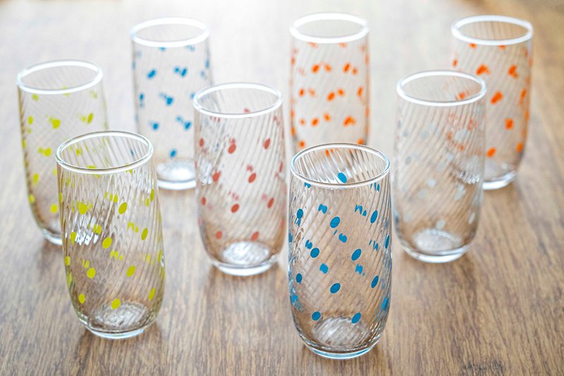 日本制 昭和玻璃水杯 糖果色系水玉花纹 全新未使用 台湾包邮 - 杯子 - 玻璃 多色