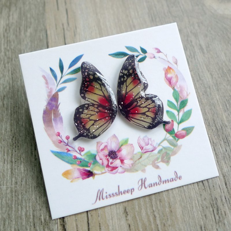 Misssheep-Butterfly Wings系列-红黄手作耳环 (耳针 / 可转透明耳夹) 一对 - 耳环/耳夹 - 塑料 